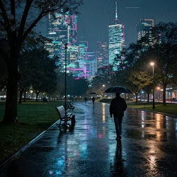 park at night, artstation, by leonid afremov, by william degouve de nunqcues, rain puddles, background glitched cyber city