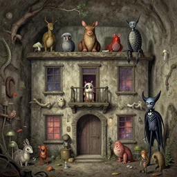 underground house with unusual animals. digital drawing by wes anderson, jean pierre jeunet, tim burton, tomm moore. high detailed, high quality.