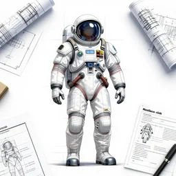 an engineering sketch diagram of a spacesuit, blueprints, diagram, user manual, sketch, engineering design, digital art, trending artstation
