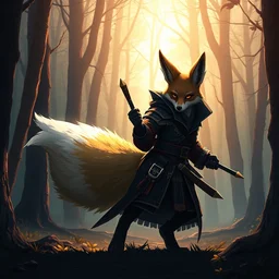 a medevial anthropomorphic fox assassin with a fluffy tail in a forest, trending on artstation, detailed, anime, warm lighting, backlighting, by kawacy, trending on furaffinity, furry art, fantasy art, assassins creed, cgi