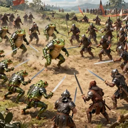 an expansive battlefield scene showing a battle between bipedal medieval armored frogs and bipedal rat men with swords, extremely detailed, 8k resolution, in gladiator, cinematic, art by artgerm