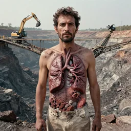 a formal portrait photograph of a man whose chest has become an opencast bauxite mine. machinery excavates his ore rich lung and heart. he is rich beyond reason, and as poor as a dog. he is suspended from a bridge, dying.