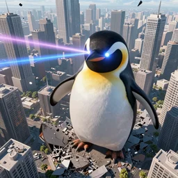 Giant Penguin destroying a city with laser eyes, 4k, birdseye view, unreal engine 5 destruction, builsings falling apart