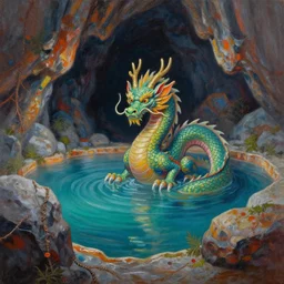highly detailed oil painting of a colorful hotspring within dark cavern, dragon sitting in the middle