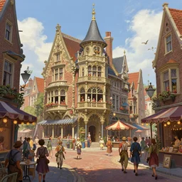 streetview of a lively magical town during a festival, inspired by victorian england and amsterdam, sunny weather, highly detailed, intricate, digital painting, trending on artstation, concept art, matte painting, art by greg rutkwowski, craig mullins, octane render, 8 k, unreal engine