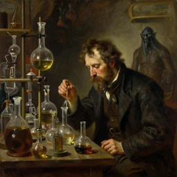 in the styles of Thomas Eakins,Adolph Friedrich Erdmann von Menzel, Vasily Surikov , H.R. Giger. A fantasy alchemist working in dusty old laboratory with flasks and glassware, oil painting, by Greg Rutkowski. Hyper-realism, chemistry.