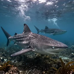 hyperrealistic underwater photography, panoramic picture of an ocean floor with in the distance some whale sharks. focus on the sharks. the sharks are anatomically correct and highly detailed. the shark's eyes are intricately detailed. there are lots of bubbles. seaweed and some rocks. gloomy scattered light entering from the water surface, trending on artstation, hq, 4 k