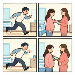 a 4 panel comic strip about a man rushing to the hospital to check on his pregnant wife