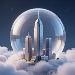 miniature skyscraper inside a bubble, resting on clouds, realistic 3 d render, unreal engine, maya, 8 k, smooth, sharp focus, octane, starlight skies
