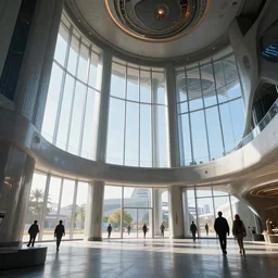 the inside of a monument with space motifs, by tim blandin and arthur haas and bruce pennington and john schoenherr, big windows architecture by zaha hadid, octane render, cinematic, scenery, cgsociety, modernism, futuristic, trending on artstation, sci - fi, high detail, high quality, close up angle, people walking