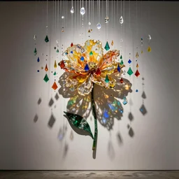 mesmerizing light installation made of colored glass shards dropping colored shadows on the wall by chris wood, depicting a flower, detailed 4 k photo