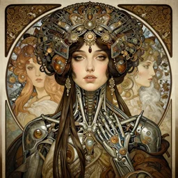 a female model by stefan geselle and nekro borja, illustration, biomechanical, intricate details, hyper realistic, ornate headpiece, dark beauty, photorealistic, by alphonse mucha, canon r 3, photography, wide shot, photography, dark beauty, symmetrical features