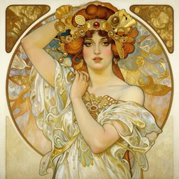 an intricate painting of a beautiful goddess with an artistic pose, hyper - detailed, ornamental gold headpiece, octane render, vivid colors, artstation, by jeremy mann, by alphonse mucha, by boris vallejo, by gustav klimt