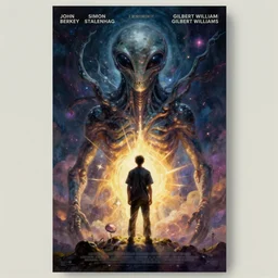 a painting of a man standing in front of a giant alien, poster art john berkey and simon stalenhag and gilbert williams, cgsociety, space art, lovecraftian, cosmic horror, poster art