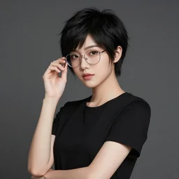 portrait of an asian trans girl with very short black hair in a shag haircut, wearing glasses, wearing a black t-shirt, digital art, elegant pose, masterpiece