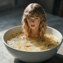 taylor swift swimming in a bowl of soup
