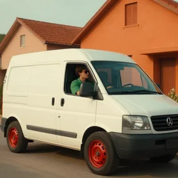 a young guy wearing green shirt and sunglasses is driving a white van with red wheels by orange houses, cinematic lighting, establishing shot, art by jordan grimmer