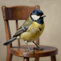 an oil painting of a great tit perched on a chair, highly detailed, oleo, artstation, sharp focus, by diego velazquez