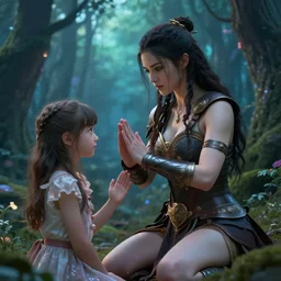 sensual girl warrior making a ritual with her daughter in a magical forest, fantasy, highly detailed faces