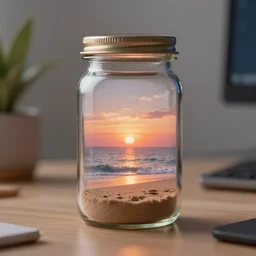 a tiny realistic dreamy beautiful sunset beach inside a glass jar only work desk background. sharp focus, photography, unreal engine, trending on artstation, photorealistic, octane, trending on deviantart, unreal engine