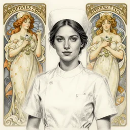 hyperrealist pencil sketch of a lovely female nurse by david malan and alphonse mucha, fantasy art, drawing, circular composition!!!, dynamic lighting, artstation, poster, volumetric lighting, very detailed faces, 4 k, award winning