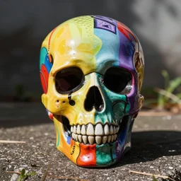 rainbow skull art toy, vinyl, resin, handmade, pop art brutalist style, picasso andy warhol bad art surreal