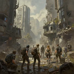 a small party of adventurers exploring a post - apocalyptic cyberpunk ruined city, oil painting, greg rutkowski, unreal engine, octane render, highly detailed