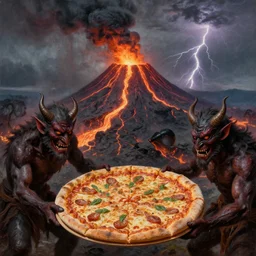 masked demons grabbing a large pizza!!!, in the background is a volcano spewing lava and black smoke, streams of glowing hot lava, flashes of lightning in the distance. wide angle, long shot, an ultrafine detailed painting by joseph - mallord william turner, deviantart, pop surrealism