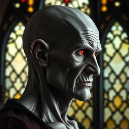 gothic stained glass window, detailed side - view portrait of an evil 6 0 year old man, papery and ashy skin, red eye shadow, grey skin, bald, masterful, backlit