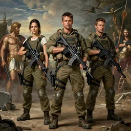 a special operations members jessica alba gal gadot brad pitt and colin farrell on the battlefield together, covert military pants, military boots, greek mythology, oil reinassance painting by cornelis van poelenburgh and dosso dossi, ultra detailed, concept art, 8 k what