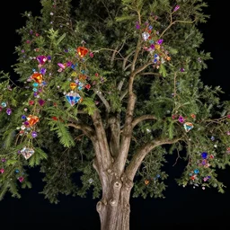 realistic photo of big tree giving colorful diamonds as fruits, dark night background, very sharp focus, in the style of greg rutswoski, very hyper realistic, highly detailed, fantasy art station