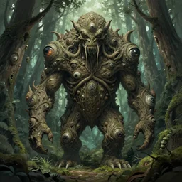 concept art of forest golem, intricate details, many eyes on body, masanori warugai, artstation, marco bucci