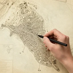 hand drawn port city map, ancient