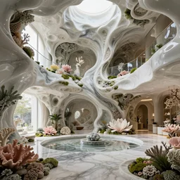 highly detailed ultra sharp 3 d render villa interior cinematic composition of a smooth ceramic porcelain biomorphic magnolia stone nebula fluid fractal sci - fi surreal architecture landscape, corals, granite, marble, moss, soldier lichen, callebaut composition, mamou - mani, archviz, beautiful lighting, 8 k, unreal engine, hdr
