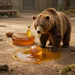 a bear made of honey cinematic, establishing shot