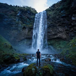 highly detailed wide angle profesional photo of a man standing near waterfall from mountains at the time of evening, award winning photography, vibrant cool colors, art by greg rutsowski, concept art, 8 k detail post - processing