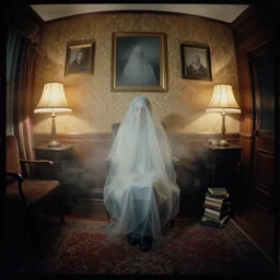 kodak portra 4 0 0, wetplate, 8 mm extreme fisheye, award - winning portrait by britt marling, a haunting ghost in a 1 9 2 0 s room, ghost, picture frames, shining lamps, dust, smoke, 1 9 2 0 s furniture, wallpaper, carpet, books, muted colours, wood, fog,
