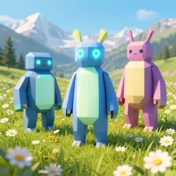 lowpoly ps 1 playstation 1 9 9 9 glowing neon anthropomorphic behemoths lurantis standing in a field of daisies, swiss alps in the distance digital illustration by ruan jia on artstation