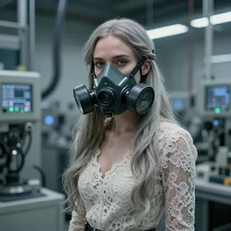 cinestill 5 0 d portrait of a dreamy dystopian beautiful woman britt marling 3 / 4 by liebovitz stand in a cyborg factory wearing a radiation mask, long hair, wearing long lace, 2 4 mm lens, 8 k, elegant, highly detailed, pale mute matt, brutal rembrandt, artstation, sharp focus, head in focus