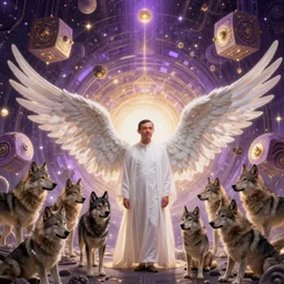 beautiful fantasy character portrait, mr. bean, ultra realistic, wide angle, intricate details, lain, digital noise, raised by wolves, ridley scott, tesseracts, highlights of purple and gold, soft glows, highly detailed by peter mohrbacher, hajime sorayama, wayne barlowe, boris vallejo, paolo eleuteri serpieri, dishonored 2, white gown, angel wings, transcendent beauty,