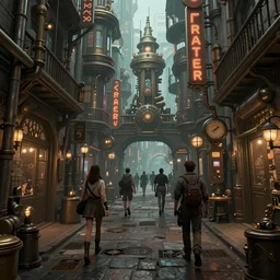 a busy steampunk alleyway by alex flores, trending on artstation, digital art, fantasy, steampunk