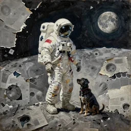 ( lonely astronaut ) & ( dog ) standing on a hill on the moon, intricate, detailed, torn paper decollage, oil on canvas by edward hopper, ( by mattias adolfsson ), by moebius