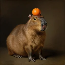 Rembrandt portrait painting of a capybara with an orange on its head