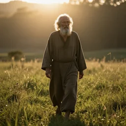 old prophet wandering about a meadow. harsh sunlight. radiant glow. silhouetted. backlighting.