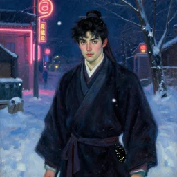 wuxia, winter, attractive male, neon light, painting by gaston bussiere, craig mullins, j. c. leyendecker