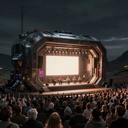 concept art of a very small dark futuristic metal musical venue with a large screen in front of a very small but excited crowd by syd mead and craig mullins