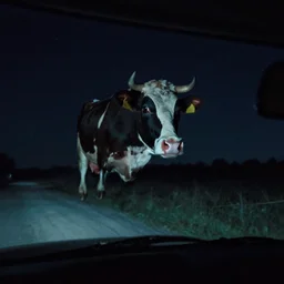 a cow flying at night, car point of view, creepy, paranormal, vhs tape