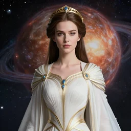 portrait of the powerful empress of the solar system in the style of anna dittmann and in the style of gil elvgren. glowing, ornate and intricate, stunning, dynamic lighting, intricate and detailed.