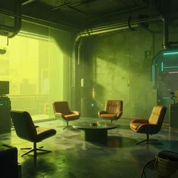 concept art of cyberpunk 2 0 7 7 loft environment, few chairs, neon, by marta leydy, highly detailed, 8 k, hdr, studio, matte painting, digital illustration, artstation, green - yellow soft light
