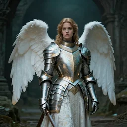 angel, low key light, full plate armor with cloth, f 2. 8, bokeh, medium portrait, gentle, female, dark ruins, landscape, d & d, fantasy, intricate, elegant, highly detailed, teal white gold color palette, roger deakins, sharp focus, greg rutkowski and alphonse mucha